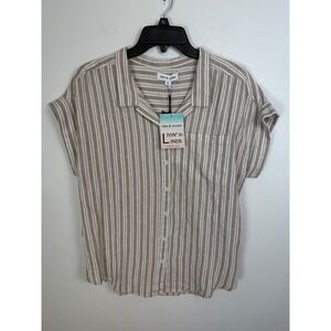 NWT Alex & Jordan Women's Tan White Striped Linen Blend Button Down Shirt Size M